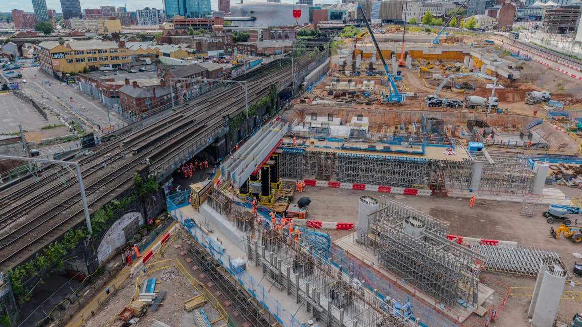 The first two beams for Curzon Street station in position alongside the railway into New Street June 2026