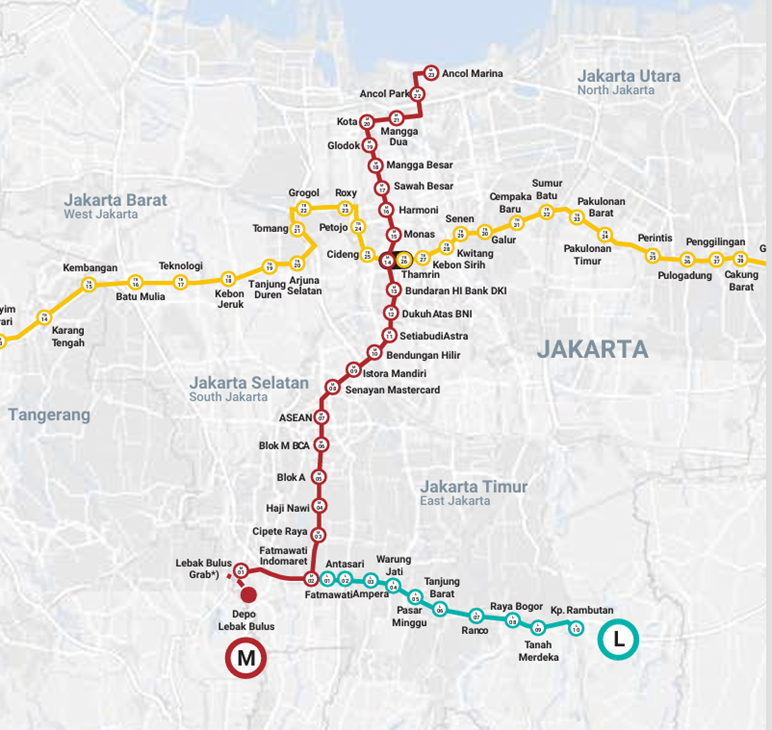 Route map (red line indicates the MRT Jakarta North–South Line)