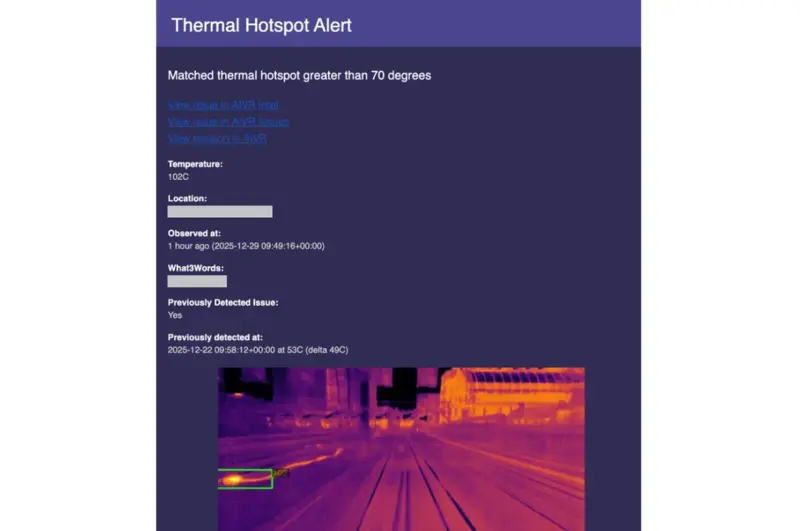 Automated thermal hotspot alert from the AIVR Platform – triggered when temperatures exceed configured thresholds, delivered directly to engineering teams.