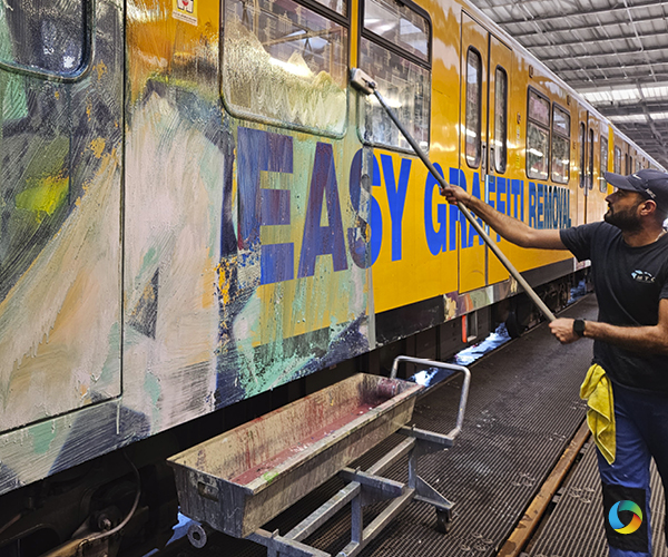 Graffiti removal from a rolling stock exterior using Eco-Point products. Fast, effective and safe for painted surfaces. Eco-Point is part of DST-CHEMICALS.