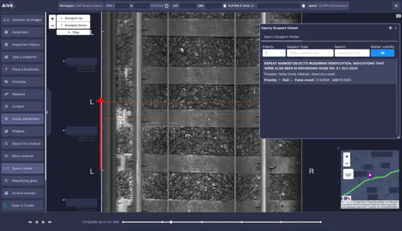 AIVR track imagery synchronised with Sperry Rail ultrasonic testing data.