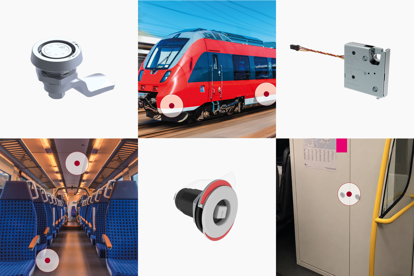 Southco access hardware and latching products used on rail vehicles, shown in a product collage