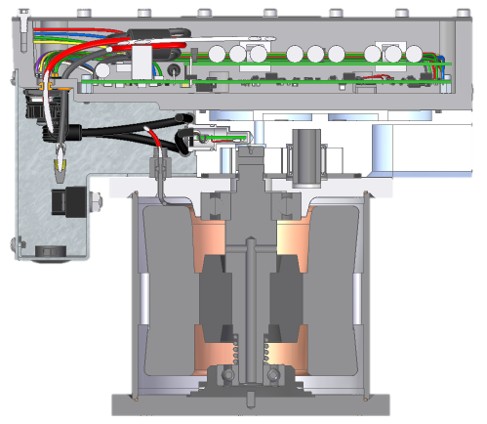 Cutaway diagram of the Paragon smart fuel pump's internal electronics and motor, front view