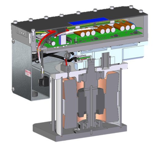 Cutaway diagram of the Paragon smart fuel pump's internal electronics and motor, isometric view