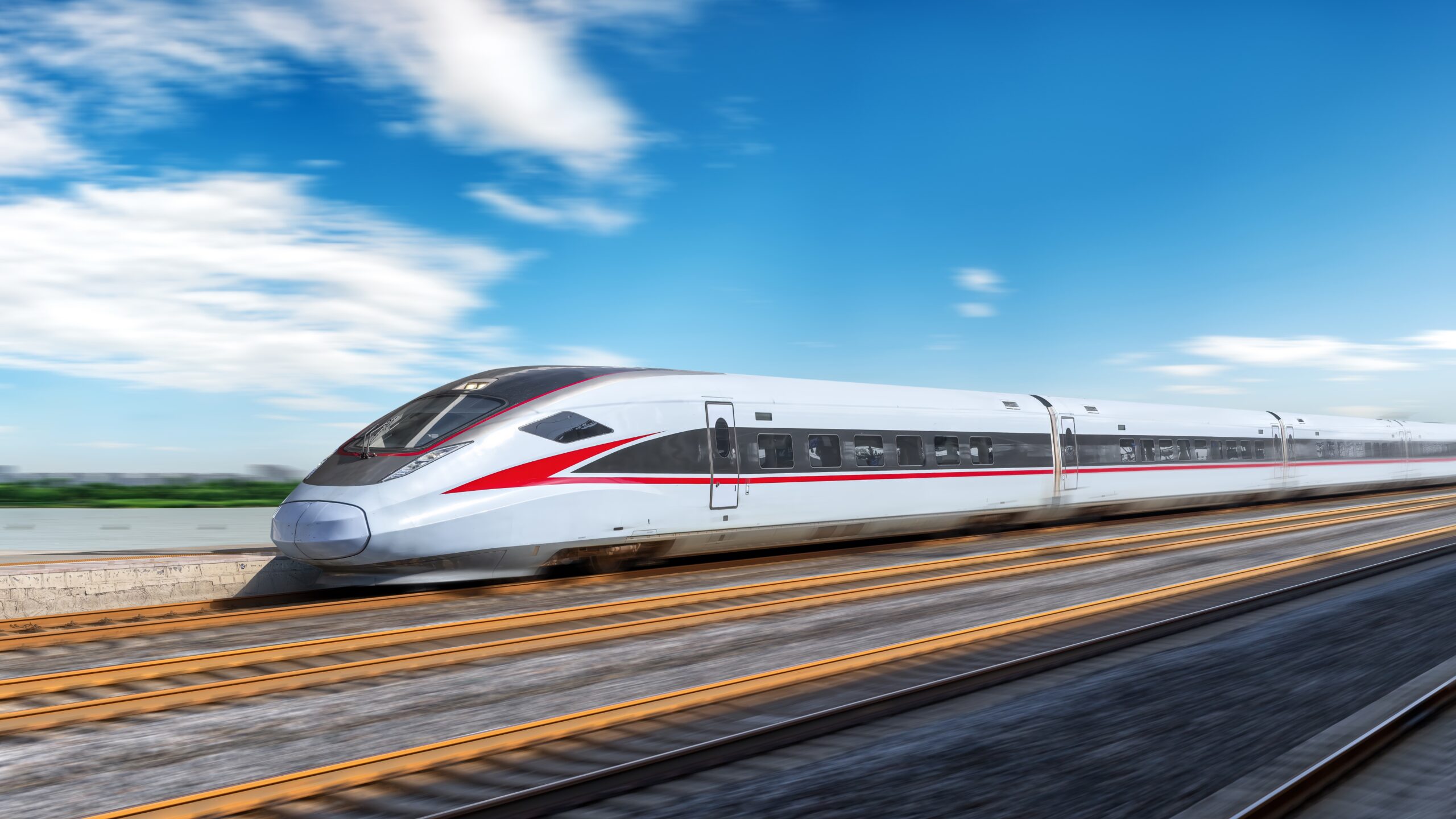 High-speed train travelling along a railway track