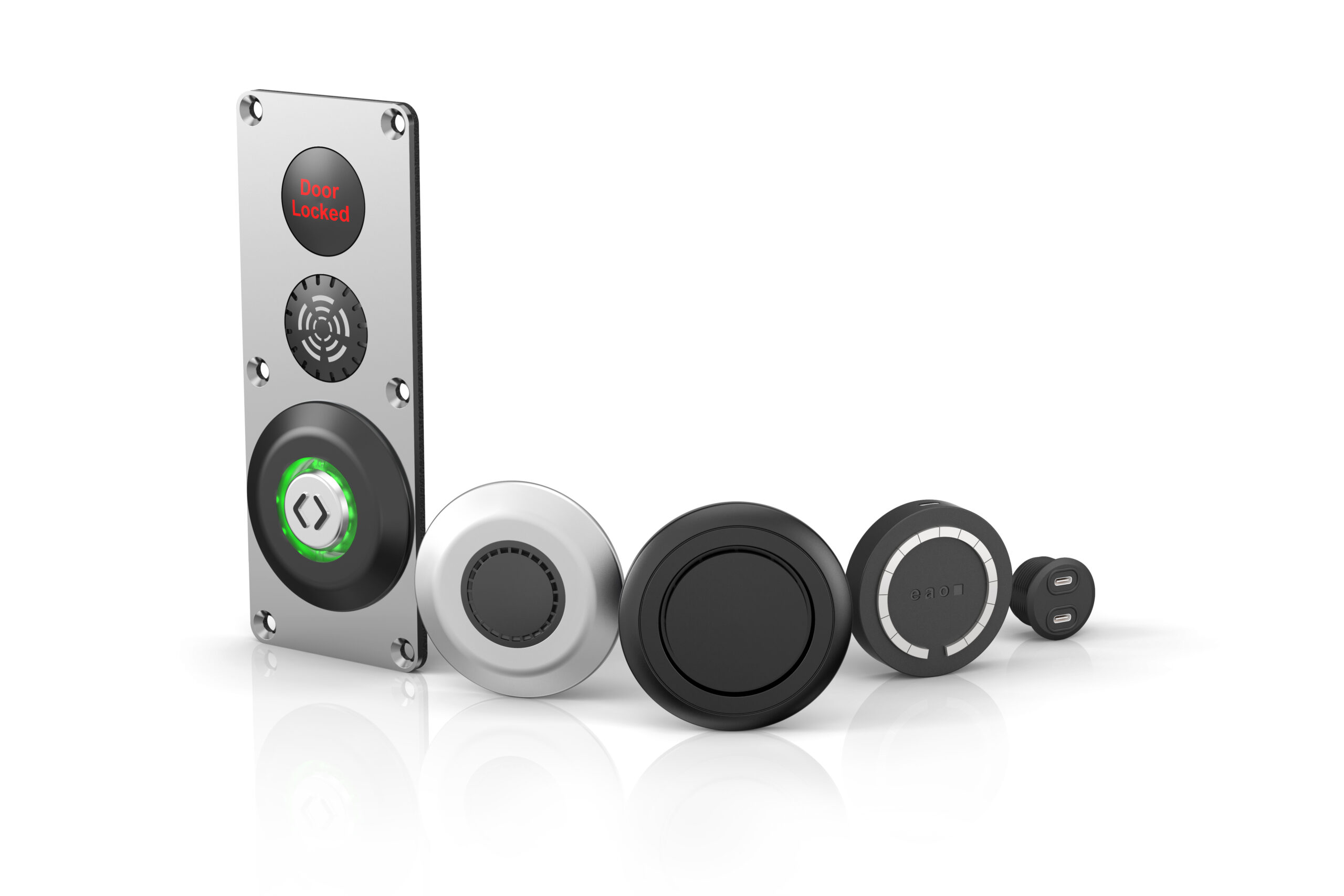 Lineup of EAO HMI products including a door lock indicator panel, pushbuttons, a touchless module and a USB-C socket