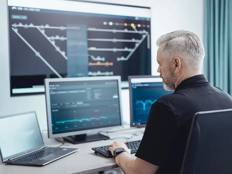 man looking at data on  monitors