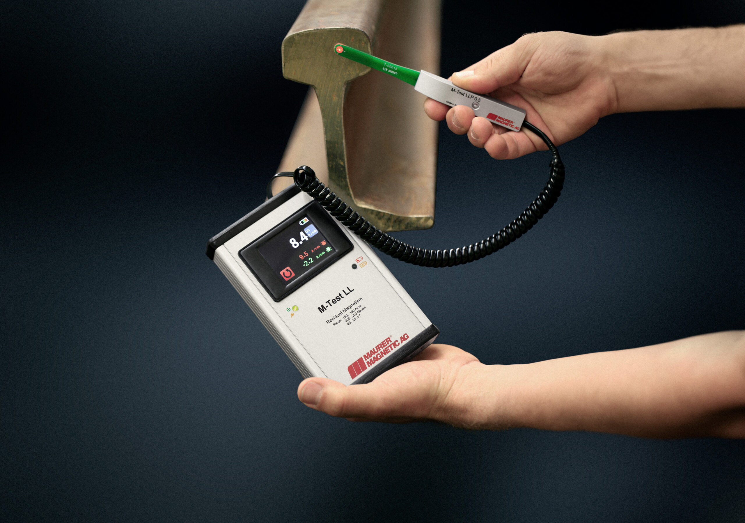 Maurer Magnetic M-Test LL magnetometer measuring residual magnetism on a rail