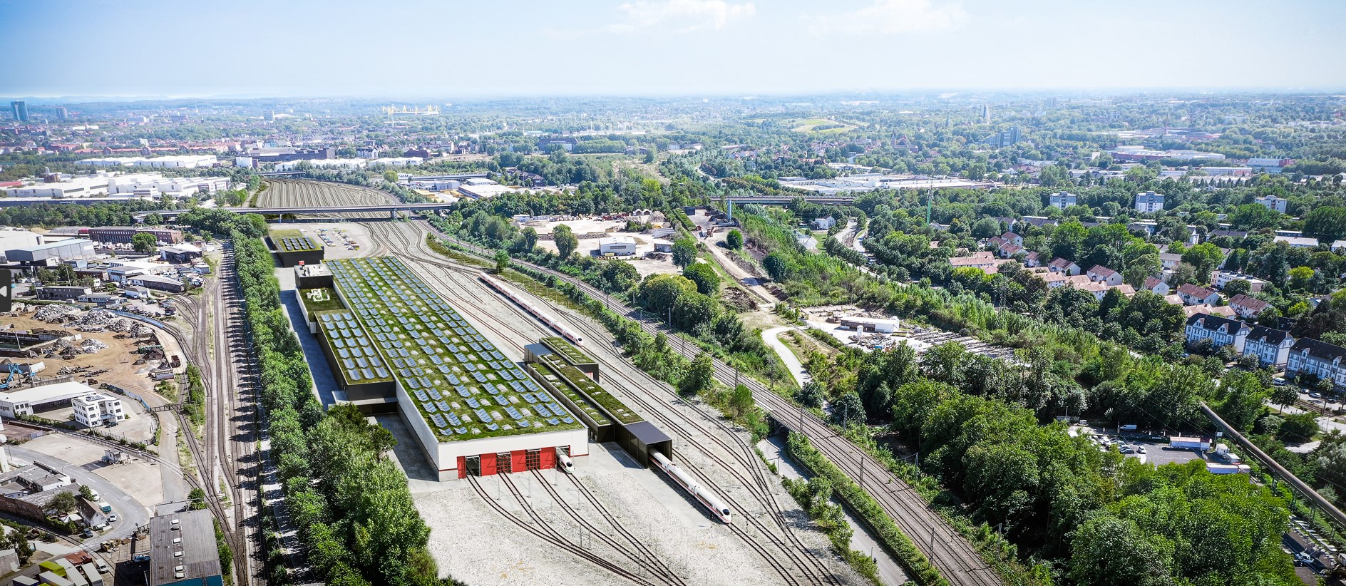 Artist impression of the completed ICE-Werk Dortmund-Hafen depot administration building and service hall