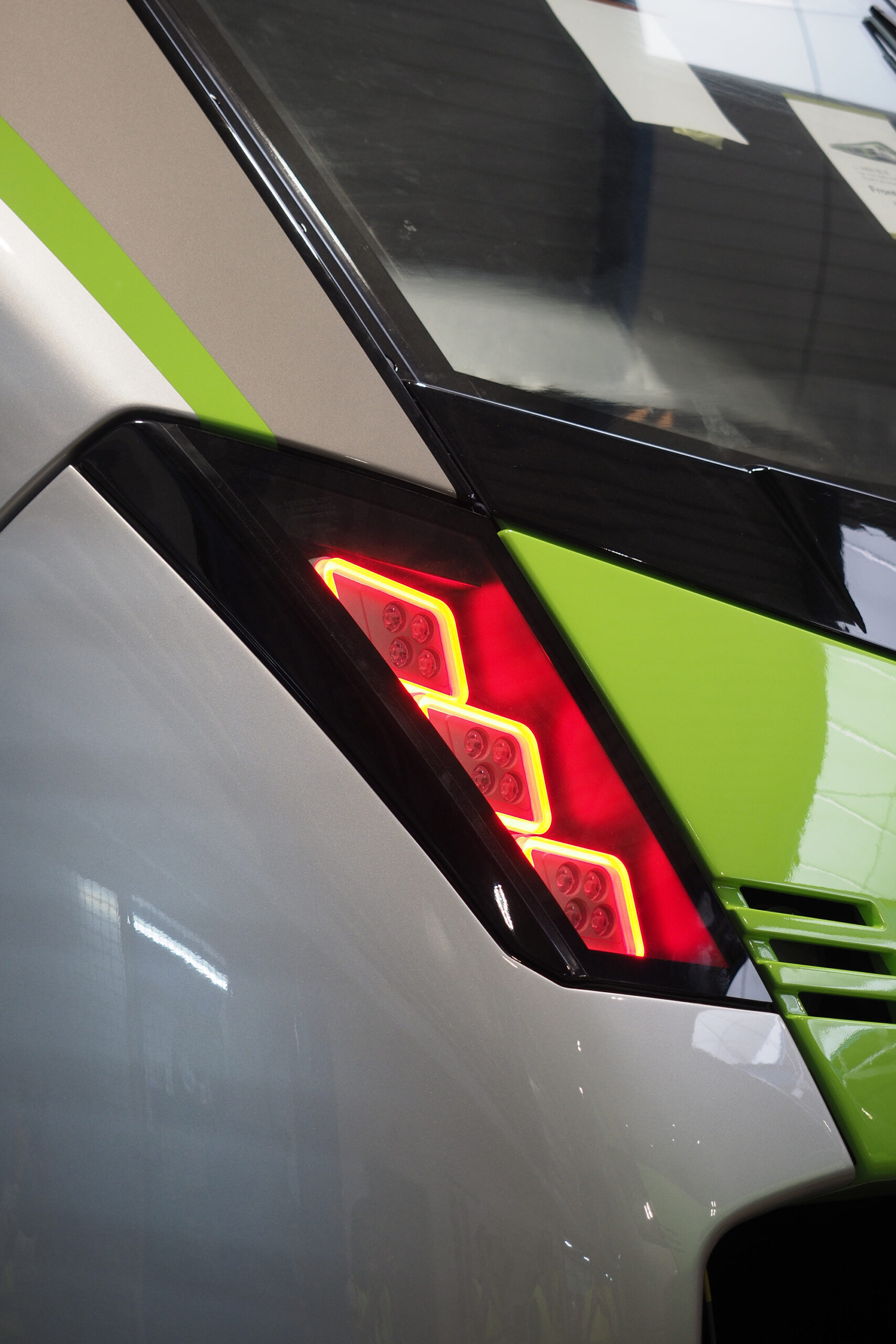 Customised exterior LED lighting signature on a train nose, designed by SCHURTER TrenoLux