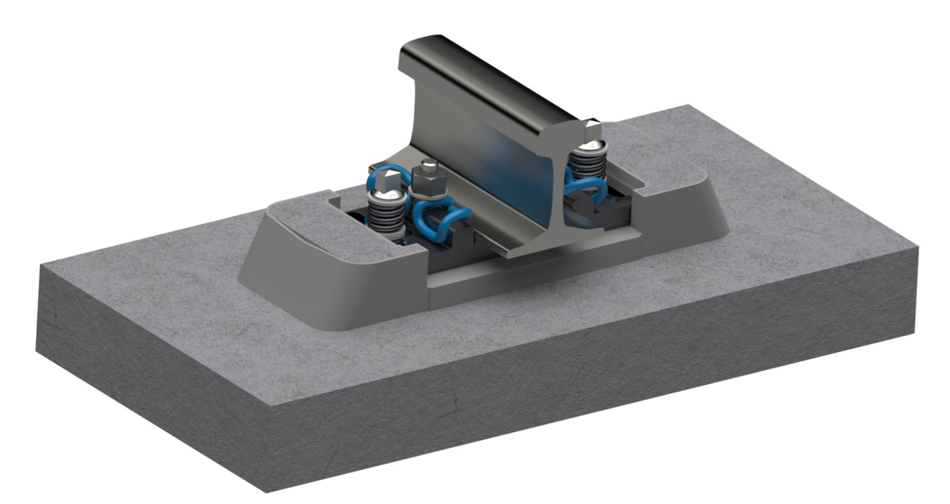 Cutaway rendering of the Cast Fix installation aid holding the base plate, elastic support and levelling elements in place before concreting