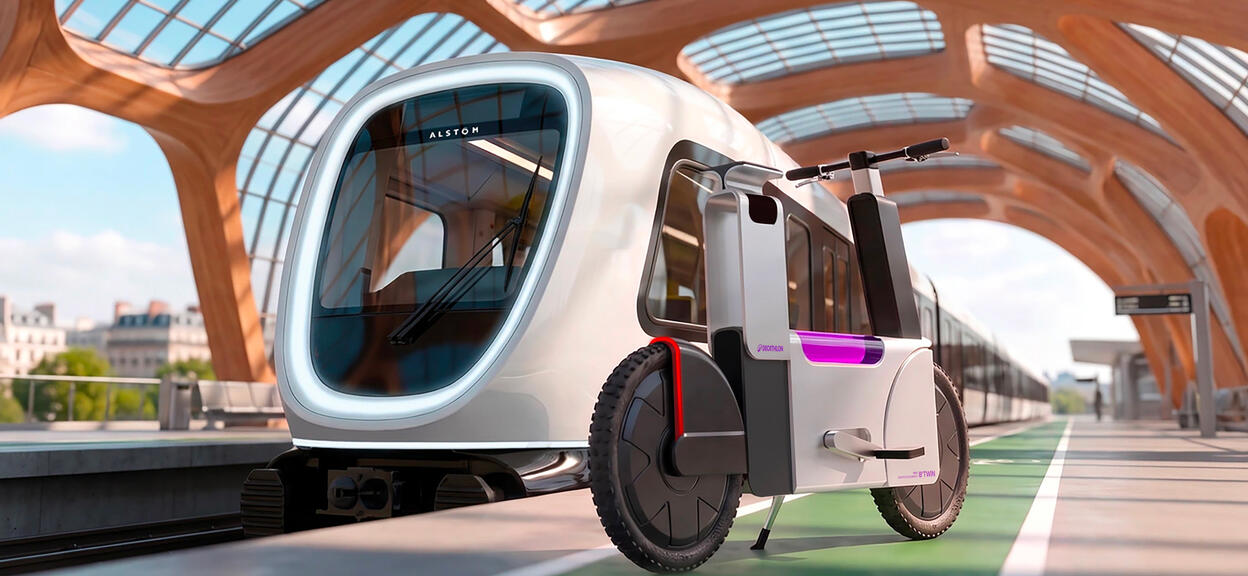 A rendering of a train and bike