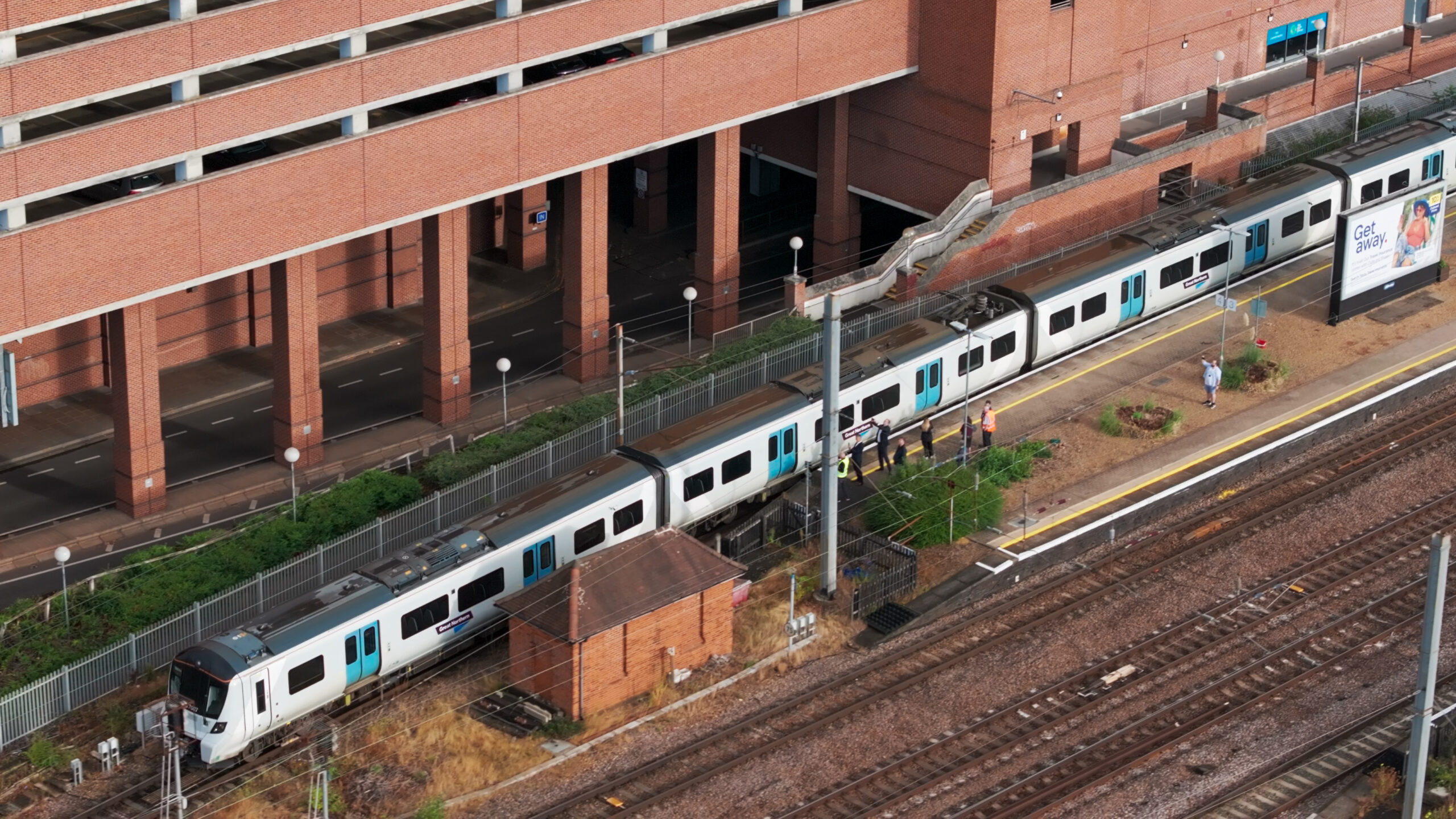 An aerial view of the first ECML ETCS train leaving Welwyn Garden City