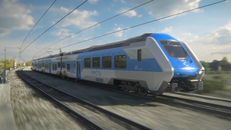 A rendering of Hitachi Rail's new Battery Electric Multiple Unit (BEMU) Intercity in Trenitalia livery