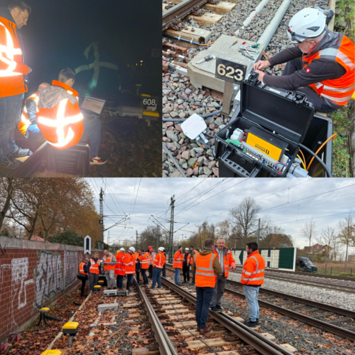 Collage of RSS 3000 PC installation and testing on the rail network, including engineers working trackside at night and a large team gathered at the track for the project