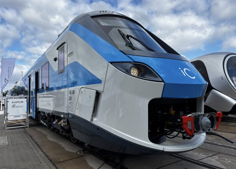 Alstom's Coradia Stream Intercity on display at InnoTrans 2026 in Berlin, showing the train's aerodynamic nose design and the blue-and-white livery developed for Trenitalia.