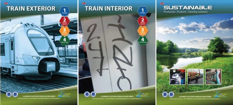 Blue and Green cleaning solutions brochure covers for train exterior, interior graffiti removal and sustainable cleaning products