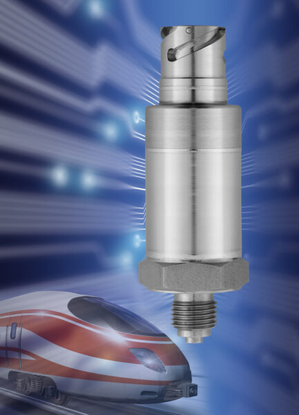 JUMO MIDAS S19 R pressure transmitter for rail applications shown with a high-speed train in the background