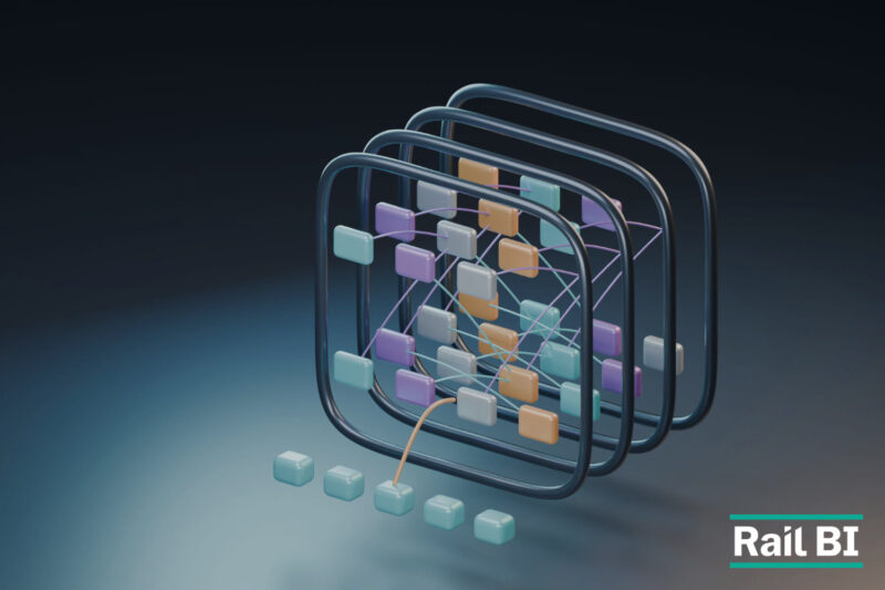 Abstract 3D visualisation of connected data layers representing a Rail BI digital twin for infrastructure planning