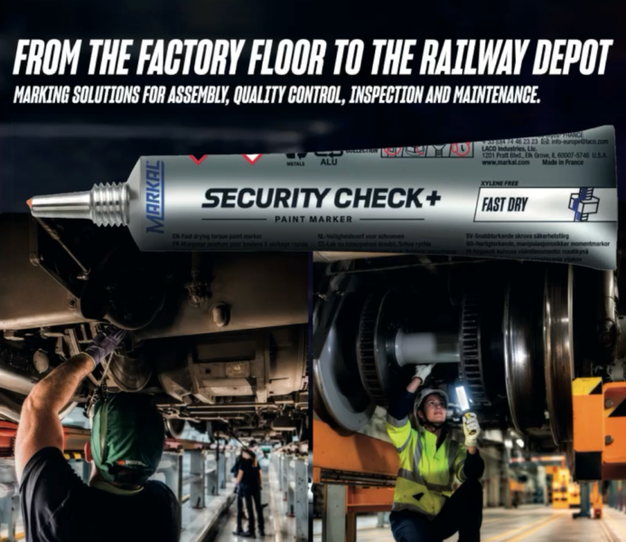 Railway maintenance technician using MARKAL Security Check+ paint marker on train bogie components