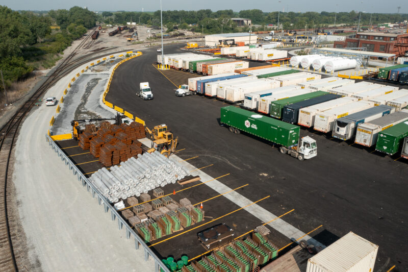 Aerial view of Norfolk Southern's Calumet intermodal yard with paved lots, stacked containers and rail lines