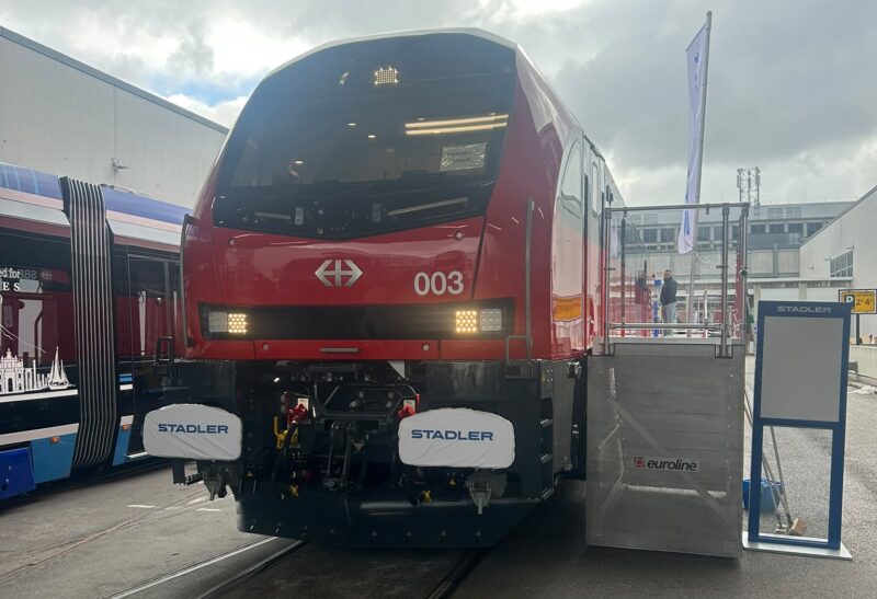The Euro Dufour for SBB Cargo on display at InnoTrans 2026 in Berlin. The Bo'Bo' locomotive can run on three AC supply systems and switch to battery power where the catenary ends.