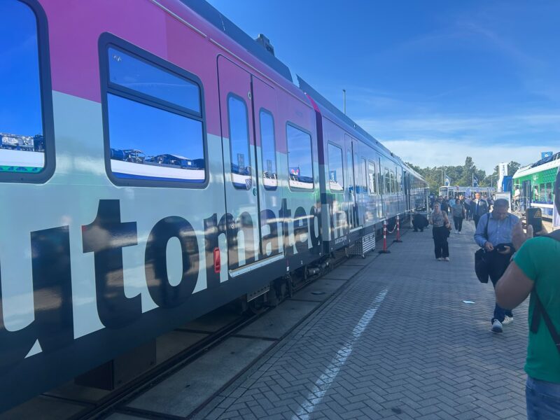 The AutomatedTrain demonstrator on display at InnoTrans 2026 in Berlin, its livery spelling out the project's name along the length of the DB Class 430 S-Bahn unit