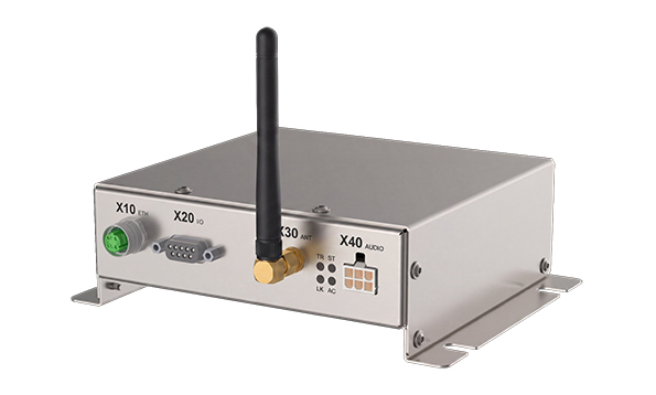 The cn-mobility InnoCom ELA to Auracast Gateway, a compact metal unit with an antenna and connection ports