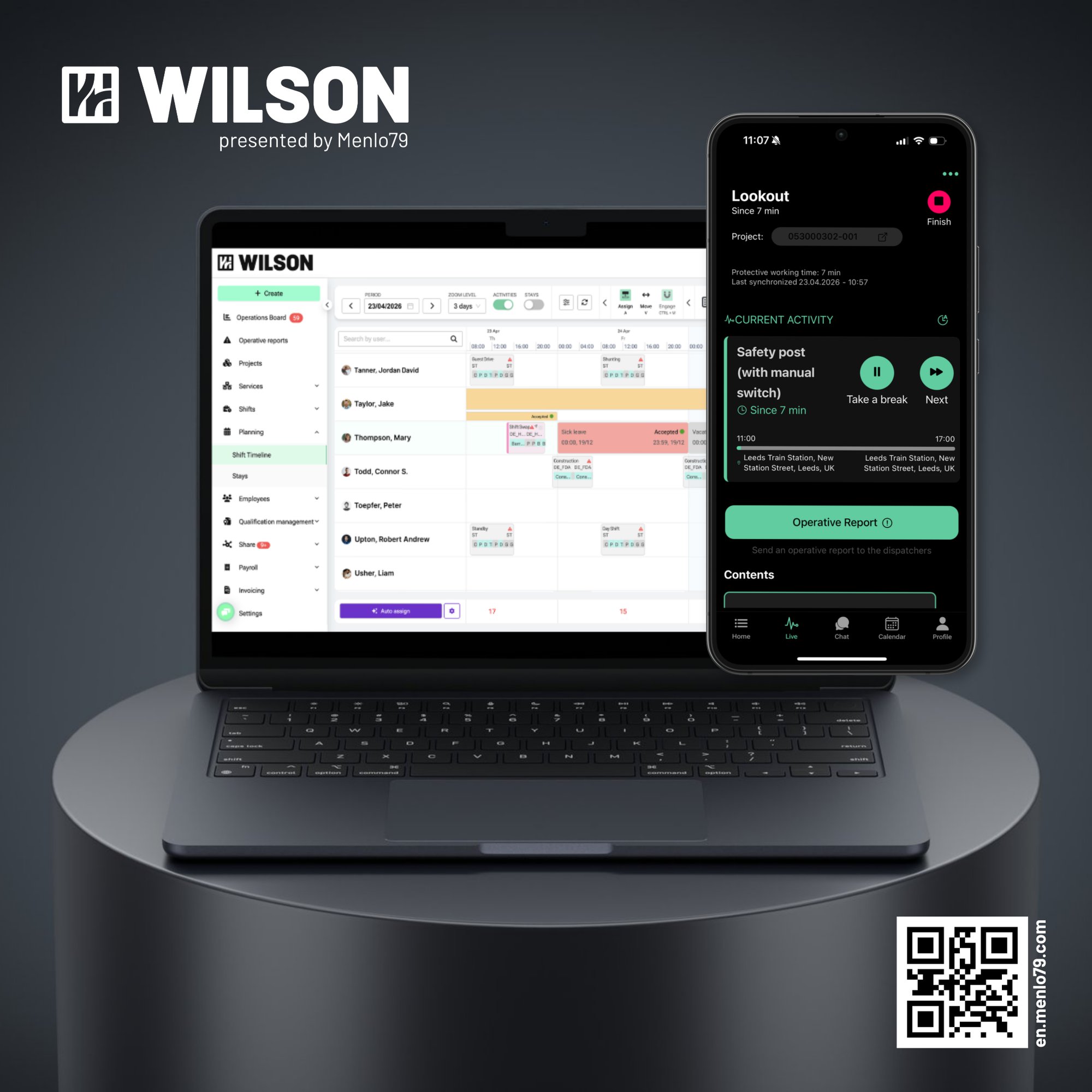 WILSON shown on a laptop with a shift timeline and on a phone showing mobile time recording for a Leeds rail task