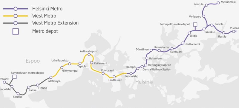Map of the Helsinki Metro, West Metro and West Metro Extension lines with metro depots