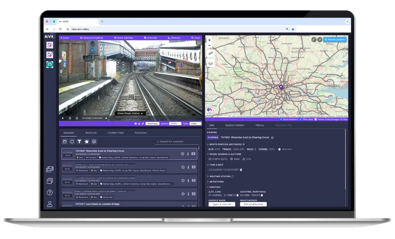 AIVR Platform showing remote infrastructure inspection with track video and a route map