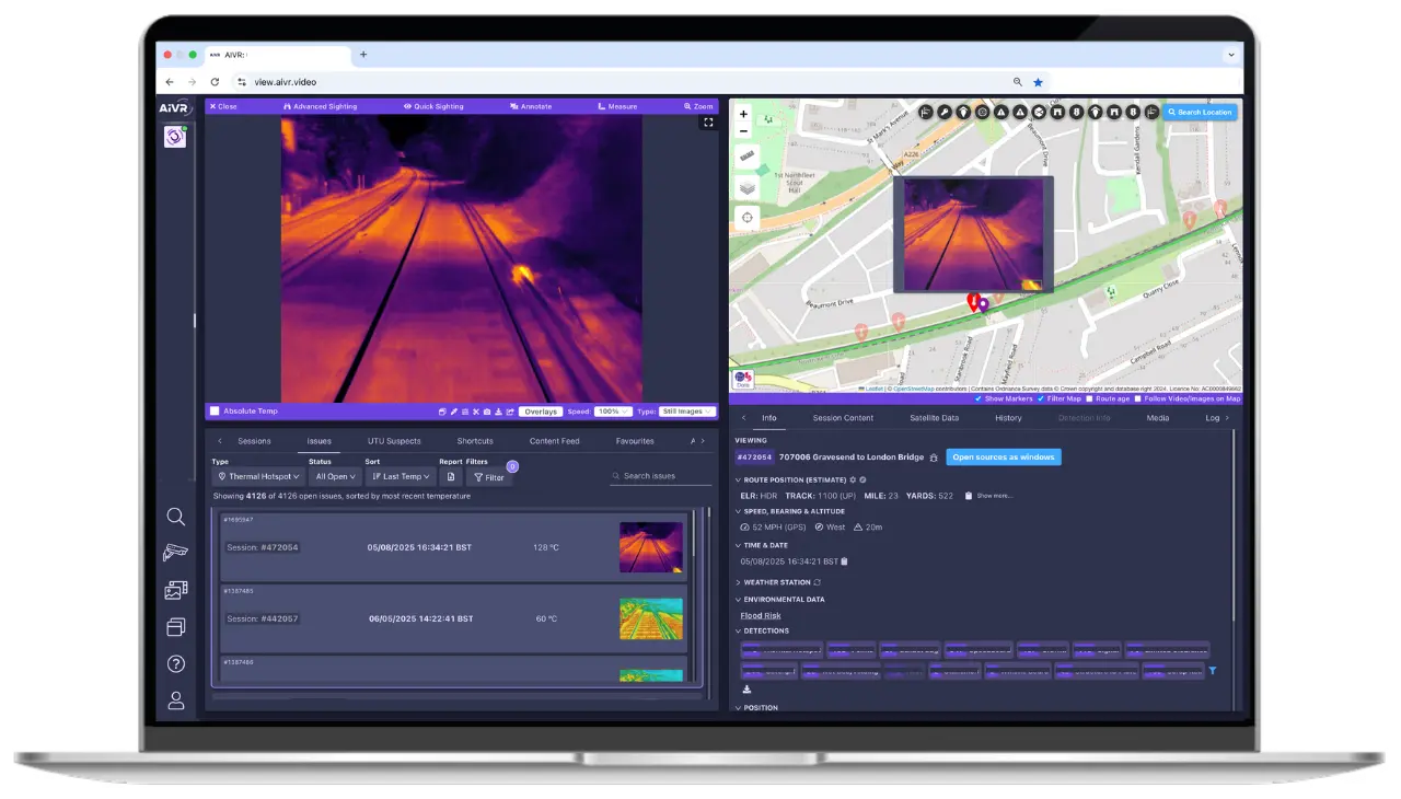 AIVR Platform showing a remote thermal inspection with a map and list of open hotspot issues