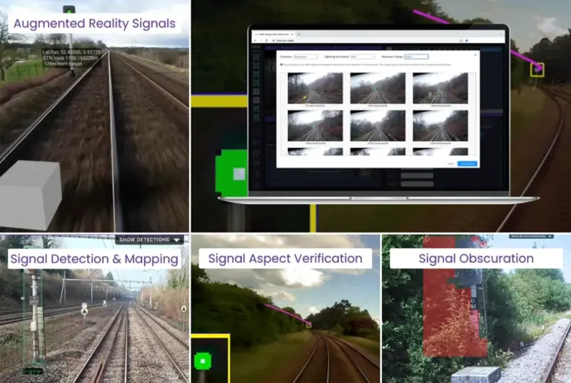 Six AIVR views of signalling detections: augmented reality signal placement on forward-facing video, signal sighting images at set distance increments, signal detection and mapping, aspect verification, and a signal obscured by vegetation