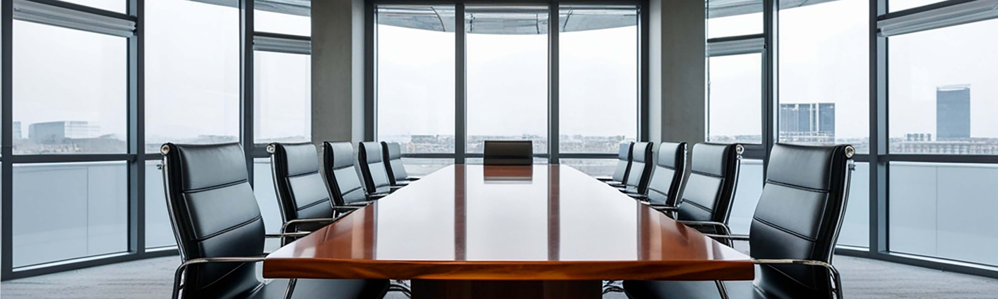 Empty modern boardroom with a long table, black chairs and floor-to-ceiling city views