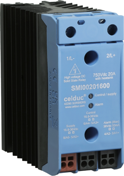 Blue celduc SMI high-voltage DC solid state relay with a black built-in heatsink, rated 750 VDC 20 A