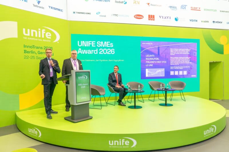 Mipro representatives on the UNIFE stage at InnoTrans 2026 presenting the Digirail Lielahti–Rauma/Pori ETCS L2 line