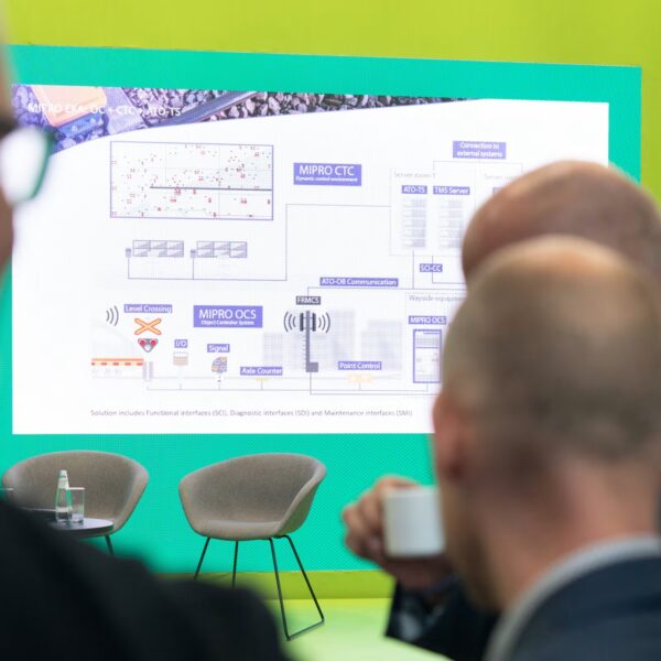 Audience watching a slide of Mipro's signalling system diagram showing the OCS, CTC, ATO-TS, axle counters and level crossings
