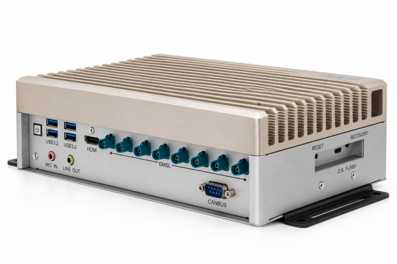 The AAEON BOXER-8655AI rugged fanless Edge AI computer with a champagne-coloured finned heatsink, showing its eight teal GMSL camera connectors, four USB 3.2 ports, HDMI, CANBus, audio jacks and mounting brackets on a white background