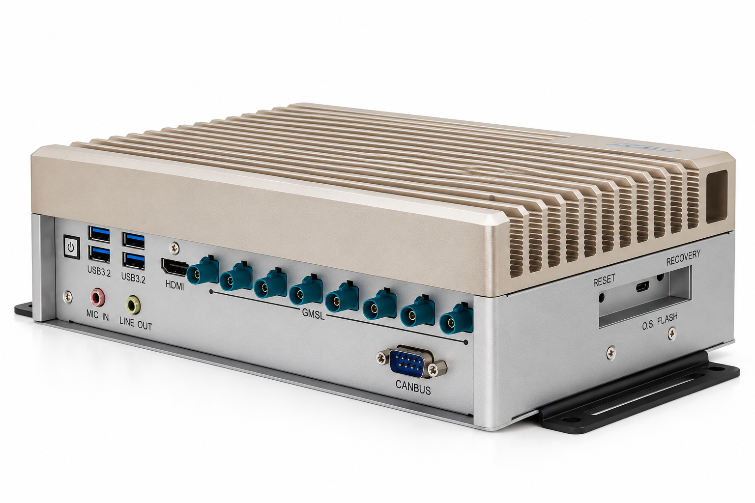 The AAEON BOXER-8655AI rugged fanless Edge AI computer with a champagne-coloured finned heatsink, showing its eight teal