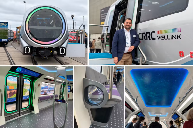 CRRC VELLINK driverless metro train at InnoTrans 2026, showing its circular front window, LED-lit doors, seating and starry sky ceiling
