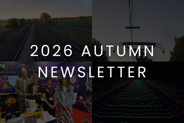 One Big Circle 2026 Autumn Newsletter header showing four darkened images: a railway line at dusk, an overhead line structure, the team on their AIVR stand at InnoTrans and a colourful LiDAR ballast scan of the track