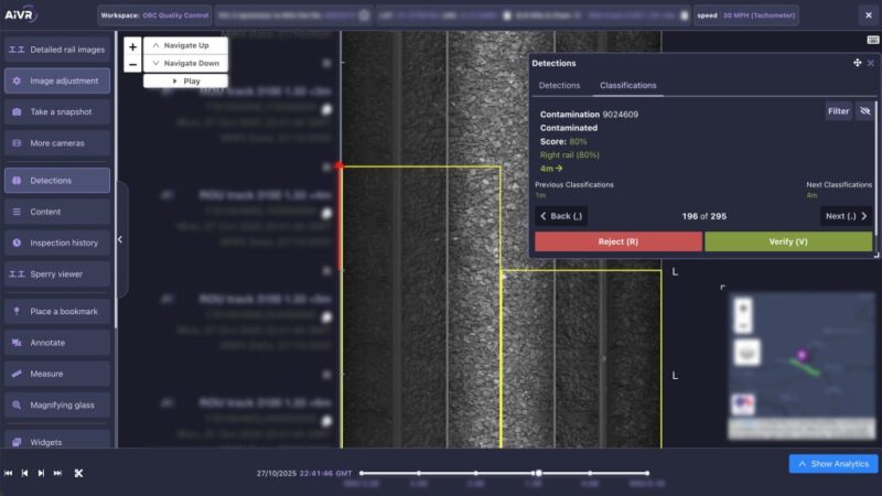 Screenshot of the AIVR platform showing a top-down rail image with yellow boxes marking detected contamination, a detections panel classifying the right rail as contaminated with an 80% score, verify and reject buttons and a location map