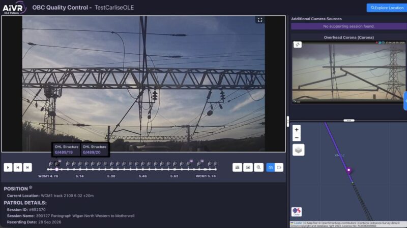 Screenshot of an AIVR desktop OLE patrol showing forward-facing footage of overhead line gantries, OHL structures marked along a timeline on the West Coast Main Line, an additional overhead camera feed and a route map with patrol details