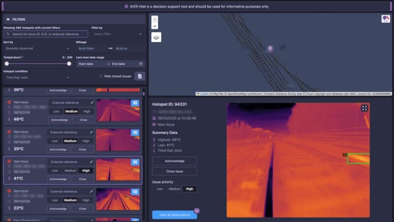 Screenshot of AIVR Intel showing a list of thermal conductor rail hotspots with temperatures and priority settings, a route map and a thermal image of hotspot 94331 classified as a Third Rail Joint with a highest reading of 88°C
