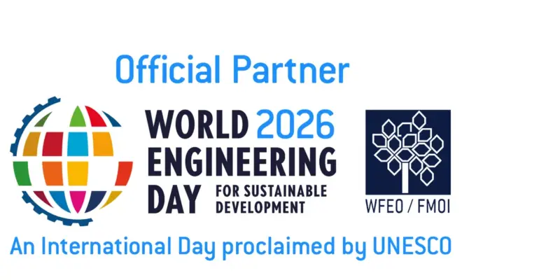Official Partner logo for World Engineering Day 2026 for Sustainable Development, featuring a multicoloured globe framed by a cog, the WFEO / FMOI tree emblem on a navy background and the line "An International Day proclaimed by UNESCO", marking Pandrol's partnership
