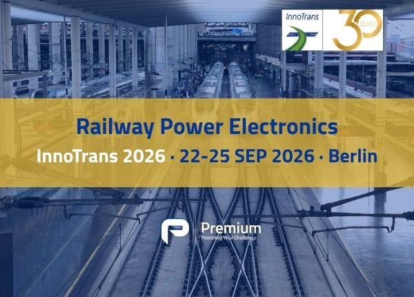 Premium PSU banner for Railway Power Electronics at InnoTrans 2026 in Berlin, over high-speed trains at a station