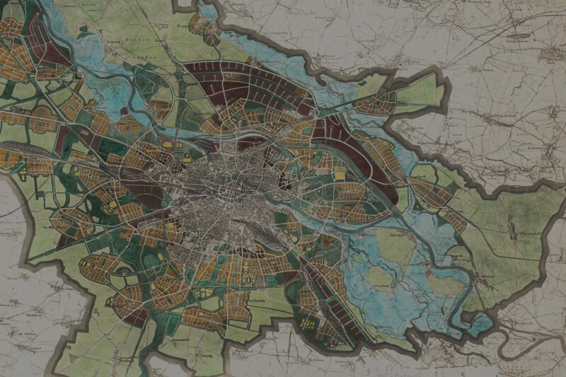Historic hand-coloured city map showing land-use zones, rivers and transport routes, illustrating geospatial planning data