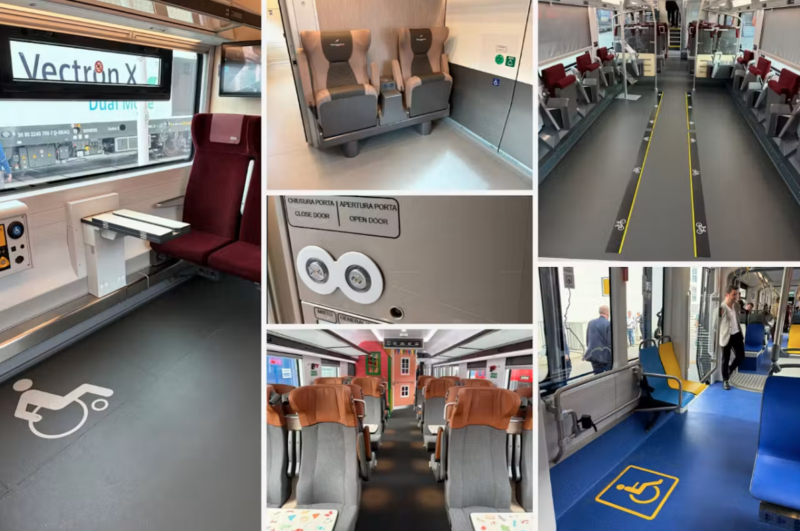 Collage of accessible train interiors at InnoTrans 2026 showing wheelchair spaces, bicycle storage, a family area and braille door controls.