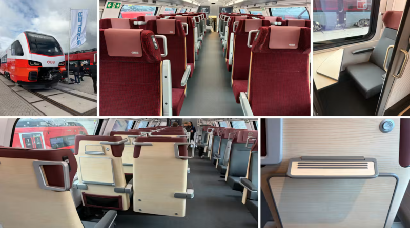 ÖBB trains by Siemens Mobility and Stadler at InnoTrans 2026, showing a Stadler exterior, red and grey seating and fold-down tables