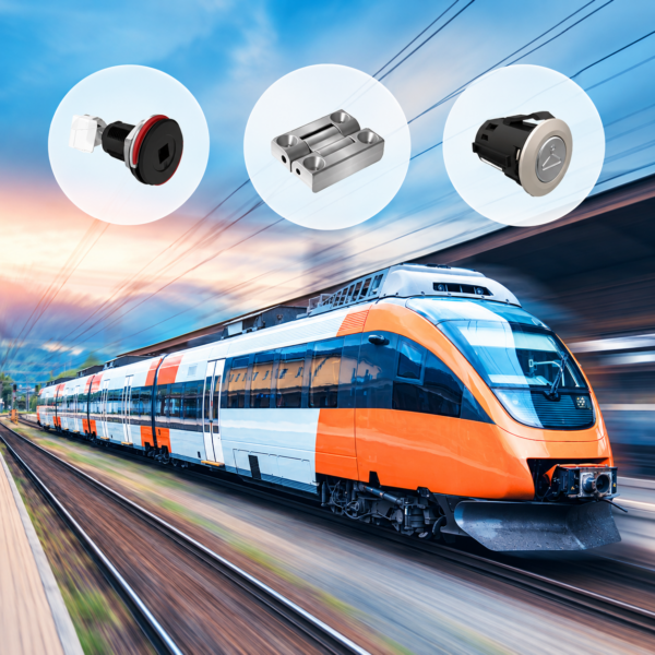 Orange and white passenger train speeding past a platform beneath overhead lines, with three circular insets showing Southco access hardware: a compression latch with red visual indicator, a stainless steel hinge and a push-button latch